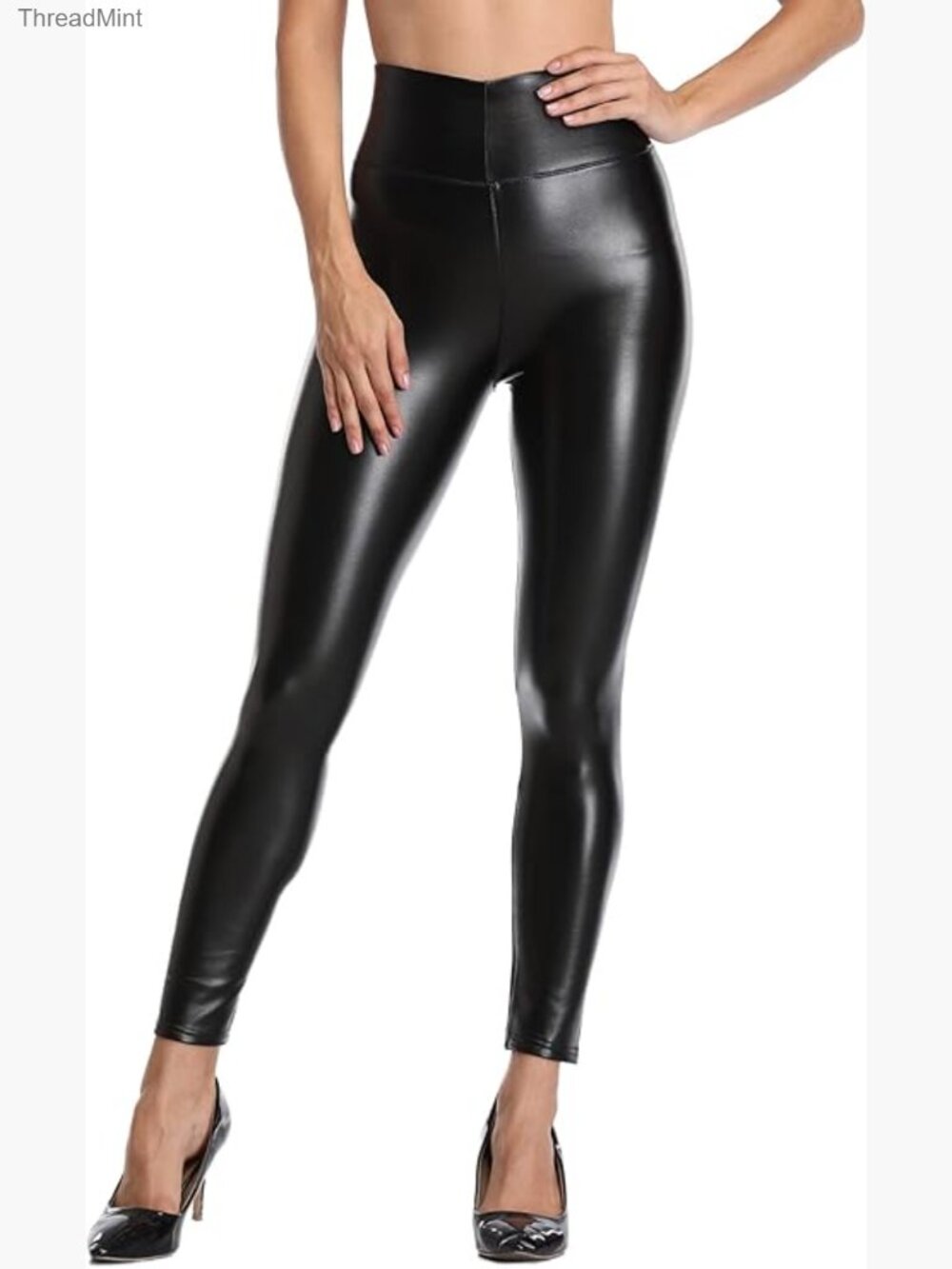High Waisted Faux Leather Leggings - Stretch PU Pleather Pants Tights